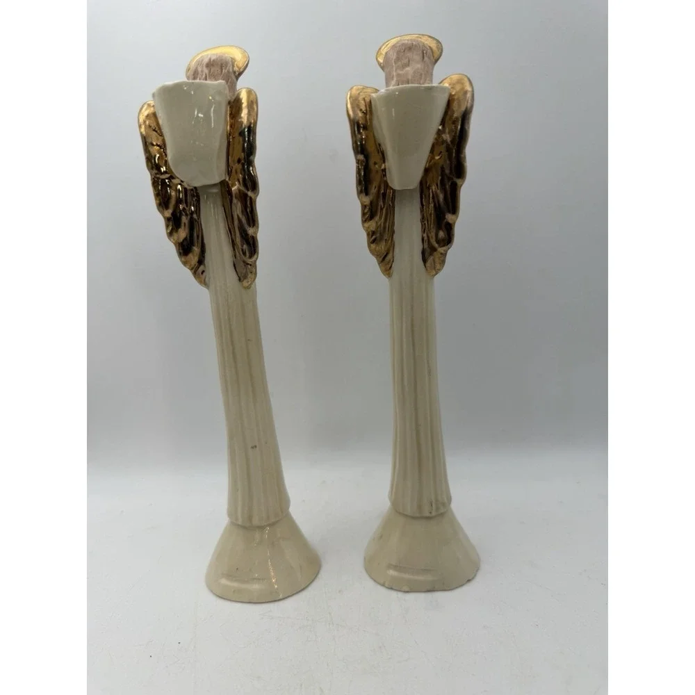 Vintage Pair Ceramic Praying Angel Pencil Candleholders Gold Wings 8.5